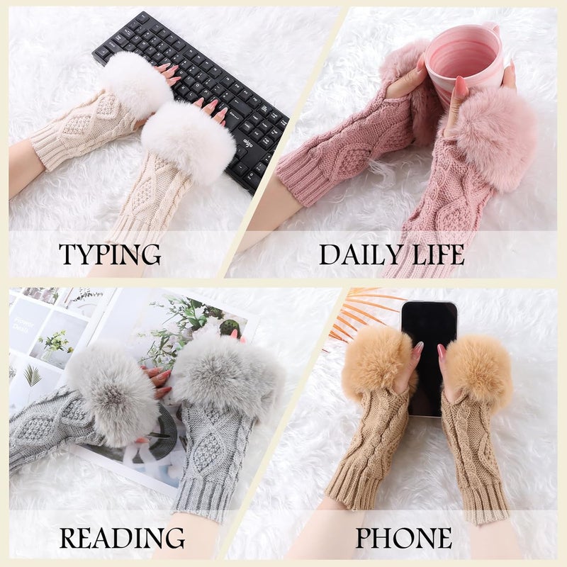 Pesaat Knit Arm Warmers Faux Fur Fingerless Gloves for Women Winter Wrist Warmers with Thumb Hole - Image 5